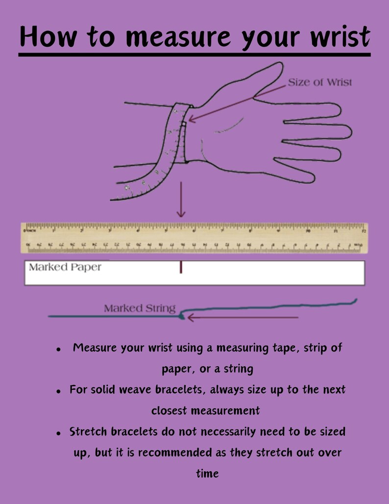 May include: An instructional graphic on a purple background titled How to measure your wrist. It features a line drawing of a wrist being measured, a wooden ruler with inch markings, a strip of marked paper, and a blue marked string for sizing.