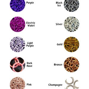 May include: A white background displays various colors of chainmail rings in circular arrangements. Colors include purple, black ice, electric violet, silver, light purple, gold, dark rose, bronze, pink, and champagne. Each color is labeled.