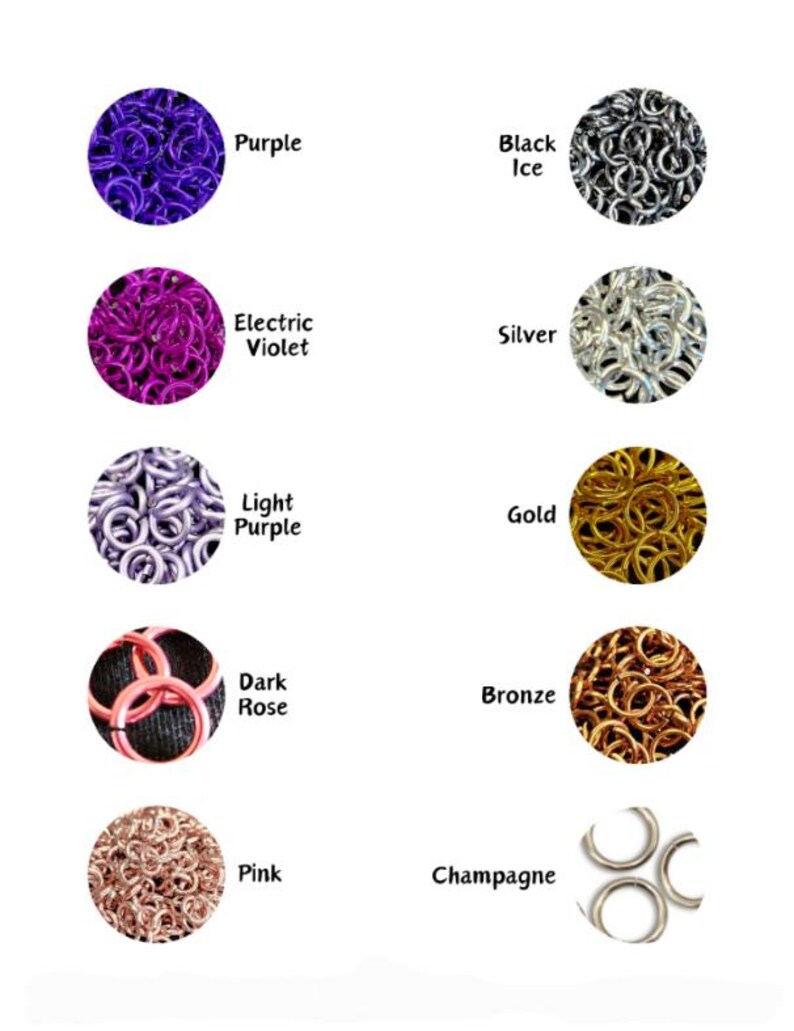 May include: A white background displays various colors of chainmail rings in circular arrangements. Colors include purple, black ice, electric violet, silver, light purple, gold, dark rose, bronze, pink, and champagne. Each color is labeled.