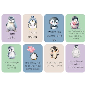 Le carte di affermazione del pinguino aiutano i bambini a gestire le preoccupazioni, ad acquisire sicurezza e a promuovere la calma sostituendo i pensieri negativi con messaggi sicuri.