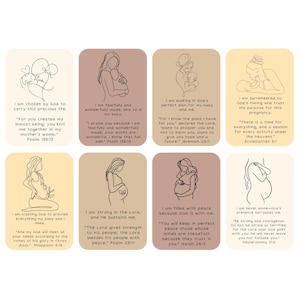 May include: A set of 8 printable cards with illustrations of pregnant women and inspirational quotes about pregnancy and motherhood. Each card features a different quote from the Bible, such as "For you created my inmost being; you knit me together in my mother's womb." Psalm 139:13 and "I am strong in the Lord, and He sustains me." Psalm 29:11.