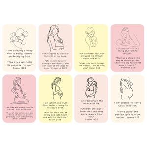 Puede incluir: Ocho tarjetas rectangulares con ilustraciones de línea de personas embarazadas. Cada tarjeta tiene una cita diferente sobre la maternidad y el embarazo. Las tarjetas tienen una combinación de colores pastel rosa y amarillo.