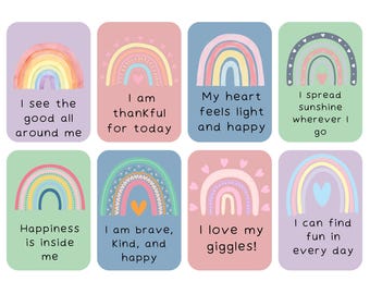 40 Tarjetas de Afirmaciones Arcoíris: Felicidad, Imprimibles para Niños (Descarga Digital)