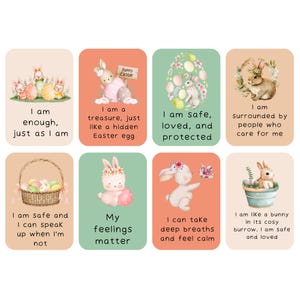 May include: Eight colorful affirmation cards with bunny illustrations and Easter-themed imagery. Each card features a positive affirmation, such as "I am enough, just as I am" and "My feelings matter".