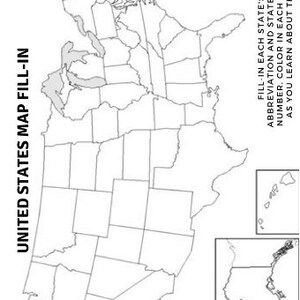 Puede incluir: Un mapa de los Estados Unidos en blanco y negro con cada estado etiquetado. El mapa incluye Alaska y Haw&aacute;i. Rellena la abreviatura de cada estado y su n&uacute;mero de estado. Colorea cada estado a medida que aprendes sobre ellos.