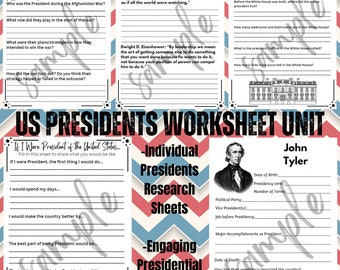 Hoja de trabajo de los presidentes de EE. UU. Unidad: Historia de la escuela primaria y secundaria (Descarga digital) Estudios sociales 6.º, 7.º y 8.º grado
