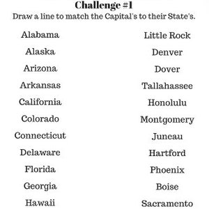 Puede incluir: Una hoja de trabajo en blanco y negro con el t&iacute;tulo "Match The Capital To The State Challenge #1". La hoja de trabajo enumera los nombres de los estados de EE. UU. a la izquierda y sus capitales correspondientes a la derecha. Dibuja una l&iacute;nea para hacer coincidir cada estado con su capital.