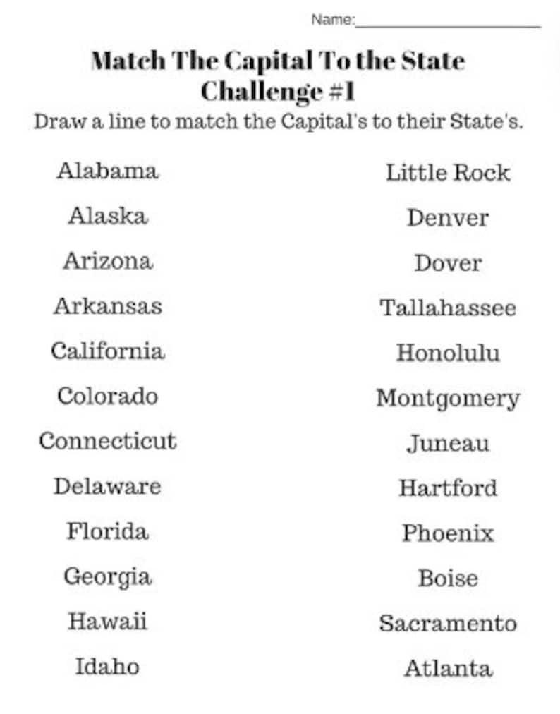Puede incluir: Una hoja de trabajo en blanco y negro con el t&iacute;tulo "Match The Capital To The State Challenge #1". La hoja de trabajo enumera los nombres de los estados de EE. UU. a la izquierda y sus capitales correspondientes a la derecha. Dibuja una l&iacute;nea para hacer coincidir cada estado con su capital.