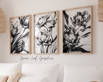 Abstract Floral Art Prints: Black and White Flower Illustrations (Digital Download)