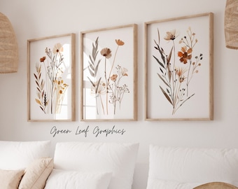 Boho Pressed Flower Art Prints: Beige Botanical Illustration Set (Digital Download)