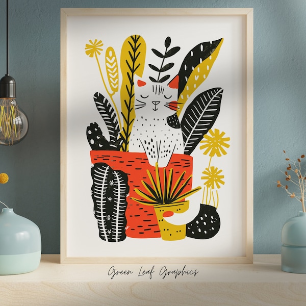 Whimsical Cat in Plants Print, Minimalist Botanical Cat Art, Modern Pet Lover Decor, Instant Digital Download, Playful Home Decor