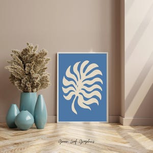 Blaue botanische Blatt Illustration: Minimalistische abstrakte Kunst (Digitaler Download)