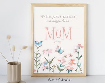 Impression d'art floral fête des mères, affiche botanique « MAMAN » personnalisable, zone de message inscriptible, cadeau personnalisé pour maman, aquarelle de fleurs