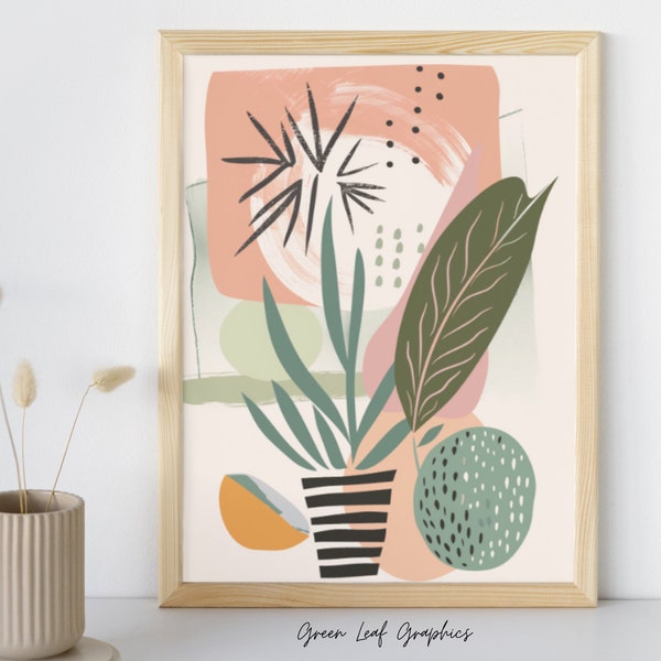 Pastel Boho Plant Design Print, Modern Abstract Botanical Art, Soft Color Home Decor Illustration, Chic Potted Plant Digital Artwork