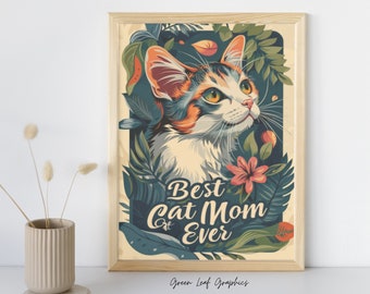 Best Cat Mom Ever Floral Print, Custom Cat Lover Mother's Day Wall Art, Personalized Pet Family Gift for Her