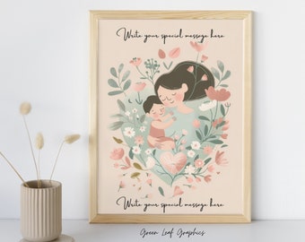 Mother’s Love Floral Heart Print, Customizable Mother’s Day Art, Tender Mother & Child Poster, Personalized Gift for Mom, Mom Gift