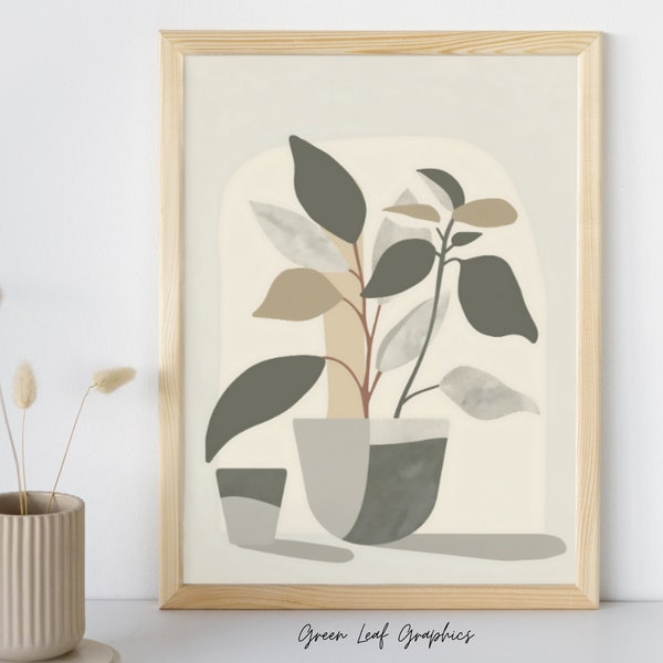 Minimalist Boho Vase and Plant Design, Neutral Tone Potted Plant Art, Printable Modern Botanical Decor, Chic Home Illustration, Digital Art