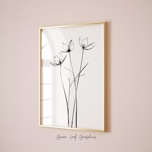Impresión floral minimalista / Dibujo de líneas botánicas / Arte mural en blanco y negro / Decoración floral moderna / Descarga digital
