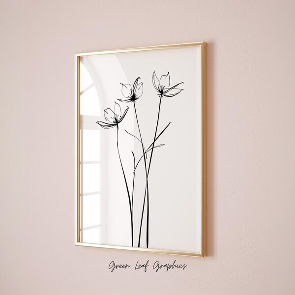 Minimalist Flower Line Art Print: Black & White Floral Decor (Digital Download)