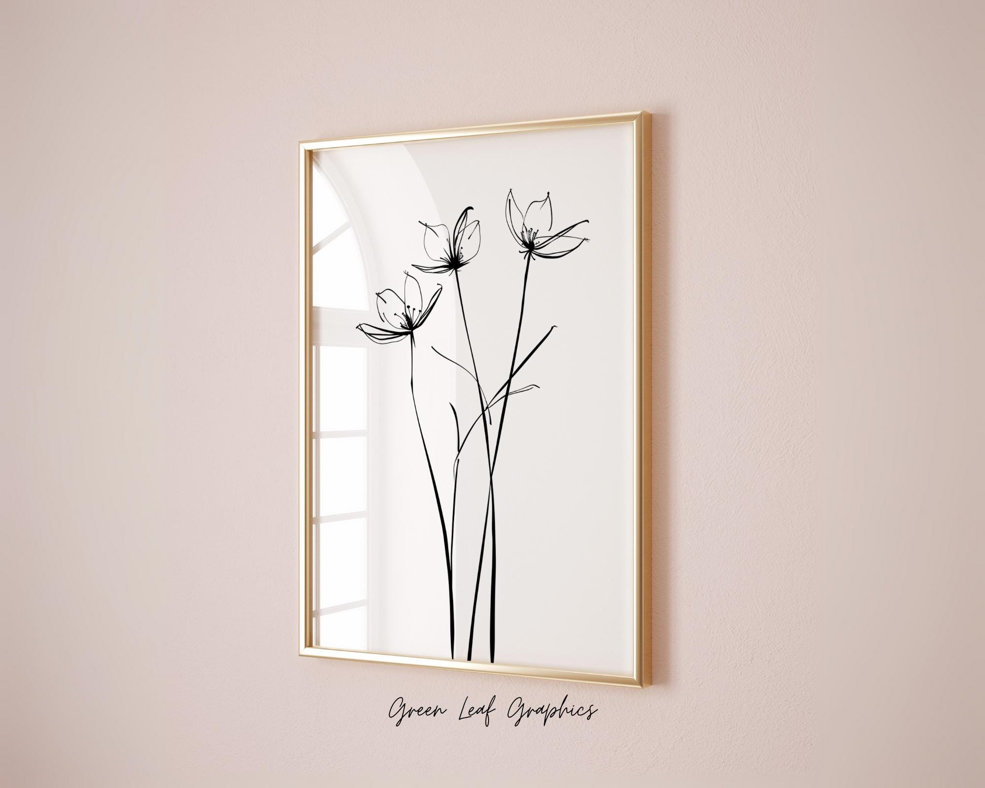 Impresión de arte lineal de flores minimalistas: Decoración floral en blanco y negro (descarga digital)