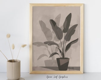 Minimalist Potted Plant Art, Sepia-Toned Boho Decor Print, Modern Monochrome Botanical Illustration, Digital Artwork for Home, Plant Poster