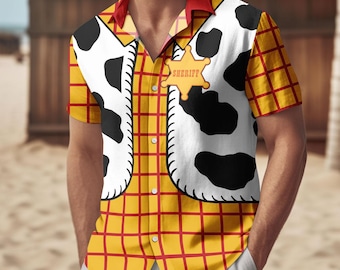 Halloween Sheriff Woody Button Shirt, Men Shorts, Woody Costume Cosplay, Disney Toy Story Movie Hawaiian Shirt, Cartoon Hawaii Shirt