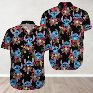 Camisa hawaiana de Stitch, linda camisa hawaiana de Disney, camisa con botones de playa con estampado floral tropical de Lilo y Stitch, camisa de vacaciones de verano para hombres y mujeres