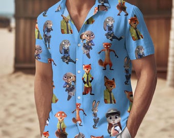 Disney Zootopia Charaktere Knopf Shirt, Männer Shorts, Film Hawaii Shirt, Disneyland Sommer Shirt, Judy Hopps Nick Wilde Priscilla Shirt