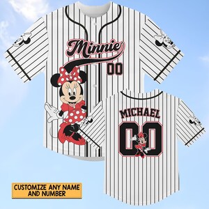 Custom Minnie Mouse Striped Baseball Jersey, Disney Minnie Baseball Shirt, Disneyland Jersey, Disneyworld Shirt, Magic Kingdom Gifts