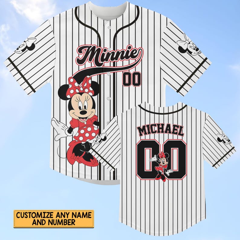 Custom Minnie Mouse Striped Baseball Jersey, Disney Minnie Baseball Shirt, Disneyland Jersey, Disneyworld Shirt, Magic Kingdom Gifts