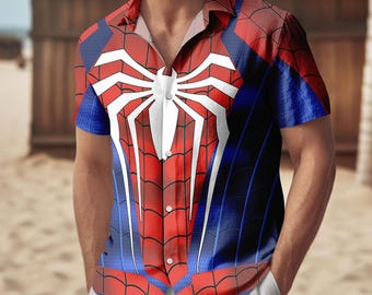 スパイダーマン コスチューム ボタンシャツ、メンズ ショーツ、スパイダーマン ハロウィン コスプレ、スパイダーマン ハワイアンシャツ、スパイダーマン シャツ、スーパーヒーロー シャツ