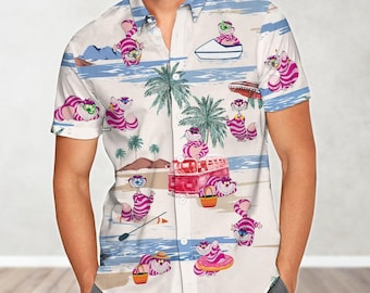 Cheshire Cat Button Shirt And Shorts, Alice In Wonderland Hawaiian Shirt, Disneyland Trip Summer Beach Shirt, Disney Family Vacation