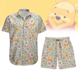 Camisa con botones de flores de Winnie Pooh, pantalones cortos para hombre, camisa hawaiana de verano con estampado floral de Pooh, camisa playera de dibujos animados de Disney, regalo de vacaciones