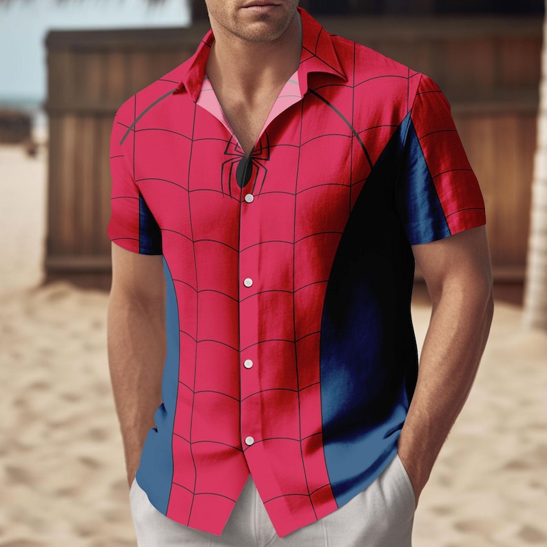 Spider Man Costume Button Shirt, Men Shorts, Marvel Avengers Cosplay, Spiderman Hawaiian Shirt, Disney Superhero Shirt, MCU Fan Gift