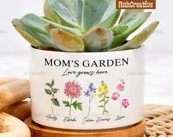 Pot de fleur personnalisé pour famille, mois de naissance, jardin de maman, fête des mères, cadeau pour maman, pot de fleur personnalisé, pot de fleur de naissance