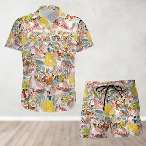 Snow White Button Shirt And Shorts, Disney Princess Hawaiian Shirt, Seven Dwarf Shirt, Movie Cartoon Tropical Shirt, Summer Beach Shirt