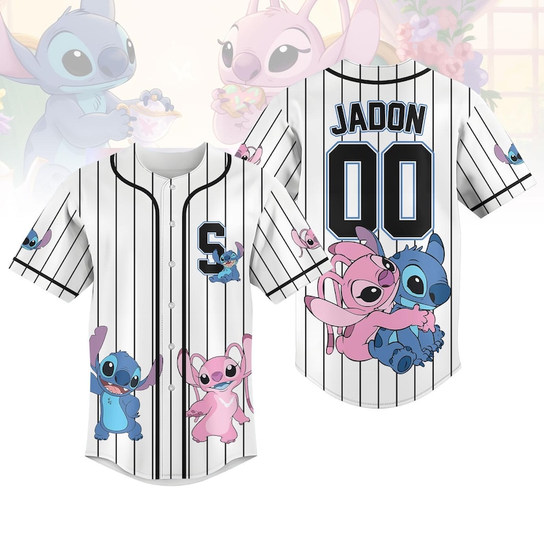 Custom Stitch And Angel Striped Baseball Jersey Shirt, Disney Couple Baseball Shirt, Lilo And Stitch Jersey Shirt, Disney Family Shirts