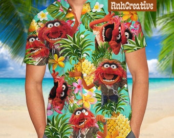 Camisa y pantalones cortos hawaianos de los Muppets, camisa hawaiana tropical, pantalones cortos de verano con piña de los Muppets, camisa hawaiana tropical de los Muppets