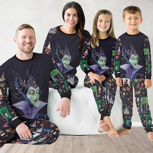 Set pigiama Halloween Malefica, pigiama coordinato per la famiglia Disney Villains, pigiama natalizio Disney Movie, pigiama per le feste Disney Witch