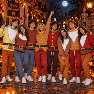 May include: A group of eight people wearing matching Halloween-themed hooded sweatshirts and sweatpants designed to resemble dwarf costumes, featuring white beard graphics, black belts with yellow buckles, and various solid color schemes.