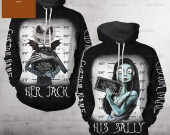 Moletom com capuz personalizado para casal Jack e Sally, moletom com capuz para ela, Jack e Sally, moletom com capuz para ele e ela, camiseta Jack Skellington, presentes para casais de filmes da Disney