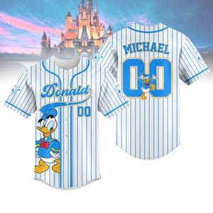 Custom Donald Duck Striped Baseball Jersey, Disney Donald Baseball Shirt, Disneyland Jersey, Disneyworld Shirt, Magic Kingdom Gifts