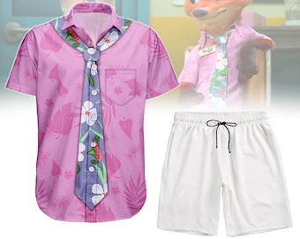 Nick Wilde Pink Button Shirt, Men Shorts, Disney Zootopia Cosplay Costume, Animal Kingdom Hawaiian Shirt, Disneyland Shirt, Disneyworld