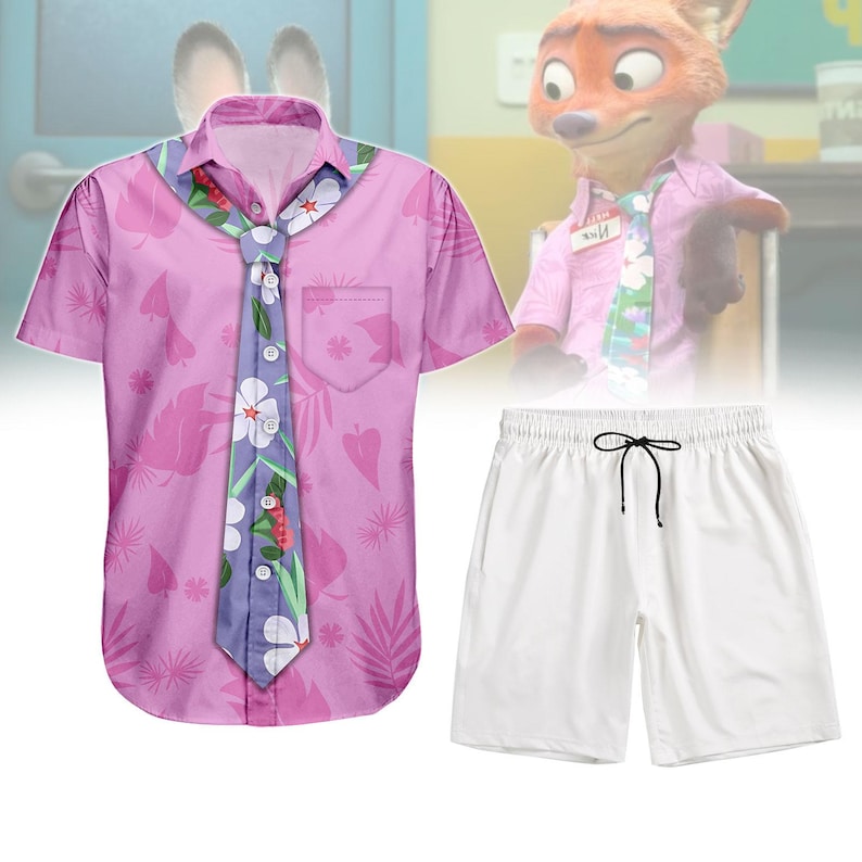 Nick Wilde Pink Button Shirt, Men Shorts, Disney Zootopia Cosplay Costume, Animal Kingdom Hawaiian Shirt, Disneyland Shirt, Disneyworld