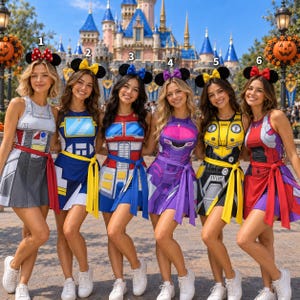 May include: Six sleeveless dresses featuring colorful robot-inspired graphic prints, each with a matching tie-waist detail and a pair of mouse ears. The dresses are numbered one through six and display distinct patterns in gray, blue, red, purple, and yellow.
