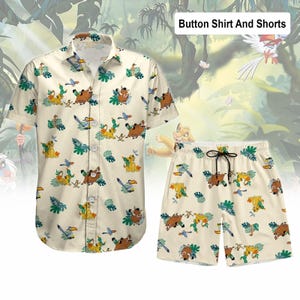 Camisa de botones de Simba y sus amigos, camisa hawaiana de Simba, camisa hawaiana del Rey León, camisa de Disney, camisa de verano de dibujos animados, pantalones cortos de playa