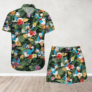 Donald Duck Button Shirt And Shorts, Disney Duck Hawaiian Shirt, Magic Kingdom Shirt, Disney Girl Trip, Cartoon Shirt, Vacation Shirt