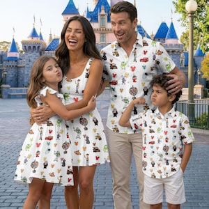 Colorful Pixar Characters Mickey Balloon Family Matching Shirt, Disney Button Shirt, Toy Story Cars Monsters Inc Hawaiian Shirt, Dress