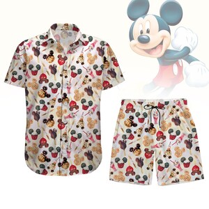 Camisa con botones de Disney Snacks, camisa hawaiana de Mickey Mouse y Minnie, camisa veraniega de Mickey Foodie, camisa playera de dibujos animados, pantalones cortos de Disney Mouse para hombre