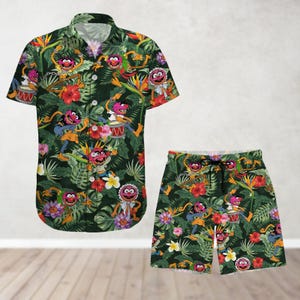 Muppets Button Shirt And Shorts, Muppet Hawaiian Shirt, Funny Animal Shirt, Beach Shorts Men, Disney Cartoon Tropical Pattern Shirt